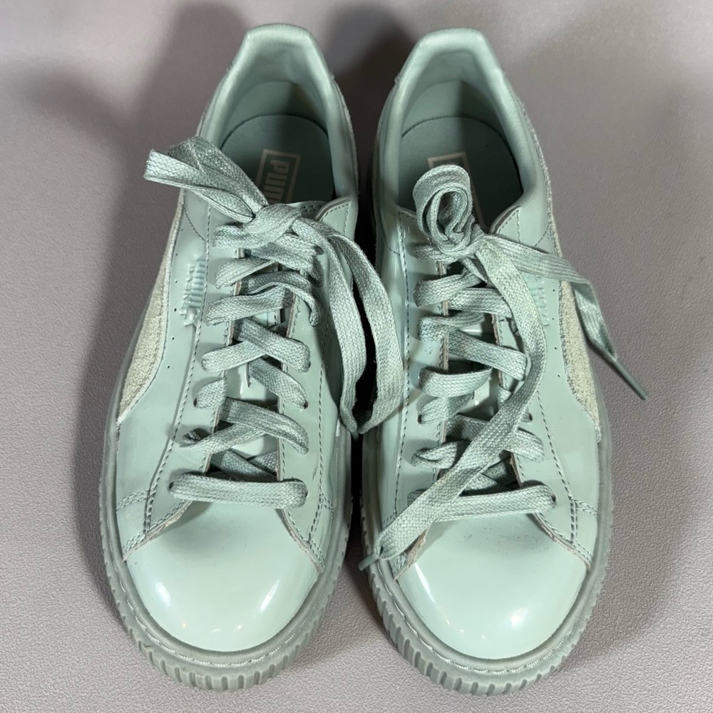 Puma Basket Mint Green Patent Leather Platform Sneakers - Picture 3 of 9